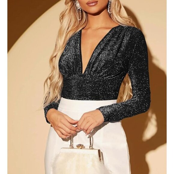 Black Sparkly Long Sleeve Deep V-Neck Bodysuit For Women - Picture 3 of 4